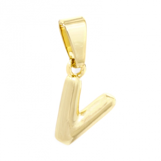 Picture of 2 PCs Brass Charm Pendant 18K Gold Plated Capital Alphabet Initial Letter Message " V " 18mm x 9mm