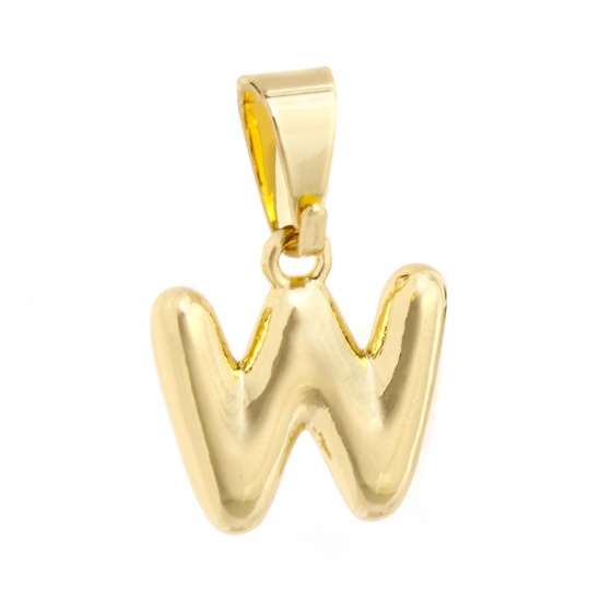 Picture of 2 PCs Brass Charm Pendant 18K Gold Plated Capital Alphabet Initial Letter Message " W " 18mm x 11.5mm