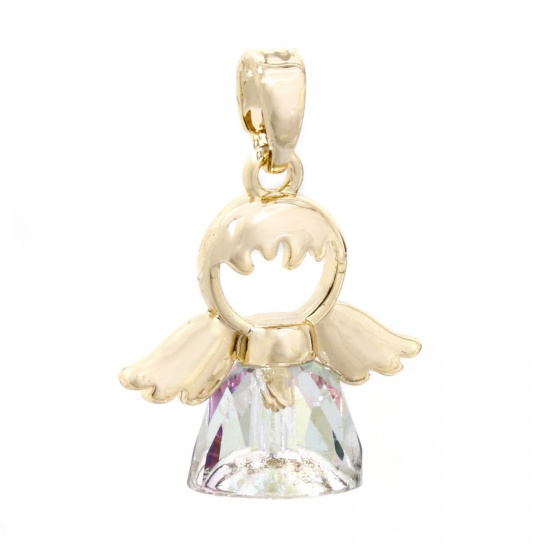 Picture of 1 Piece Brass & Glass Religious Charm Pendant 18K Gold Plated Angel 22mm x 16mm