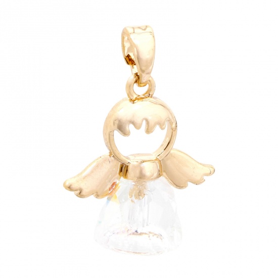 Picture of 1 Piece Brass & Glass Religious Charm Pendant 18K Gold Plated Angel 22mm x 16mm