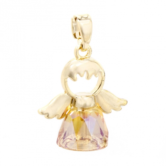 Picture of 1 Piece Brass & Glass Religious Charm Pendant 18K Gold Plated Angel 22mm x 16mm