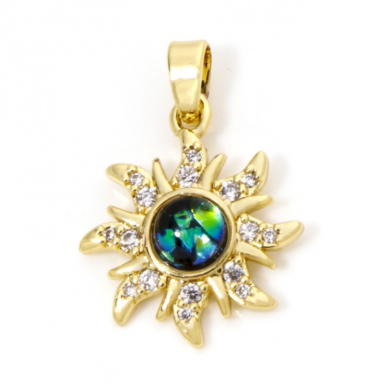 Picture of 1 Piece Brass Galaxy Charm Pendant 18K Gold Plated Green Sun Imitation Opal Clear Rhinestone 22mm x 15.5mm