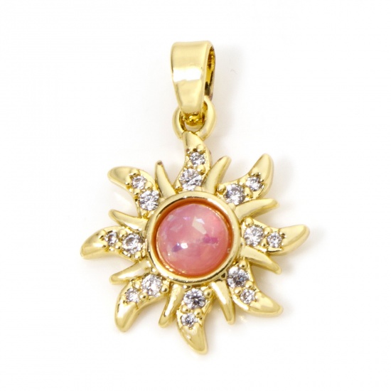 Picture of 1 Piece Brass Galaxy Charm Pendant 18K Gold Plated Pink Sun Imitation Opal Clear Rhinestone 22mm x 15.5mm