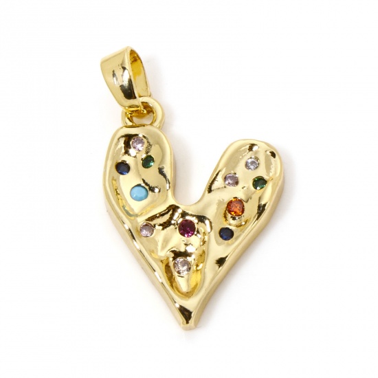 Picture of 1 Piece Brass Valentine's Day Charm Pendant 18K Gold Plated Heart Micro Pave Multicolour Cubic Zirconia 24mm x 14mm