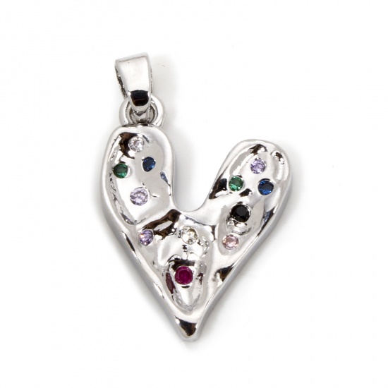 Picture of 1 Piece Brass Valentine's Day Charm Pendant Platinum Plated Heart Micro Pave Multicolour Cubic Zirconia 24mm x 14mm