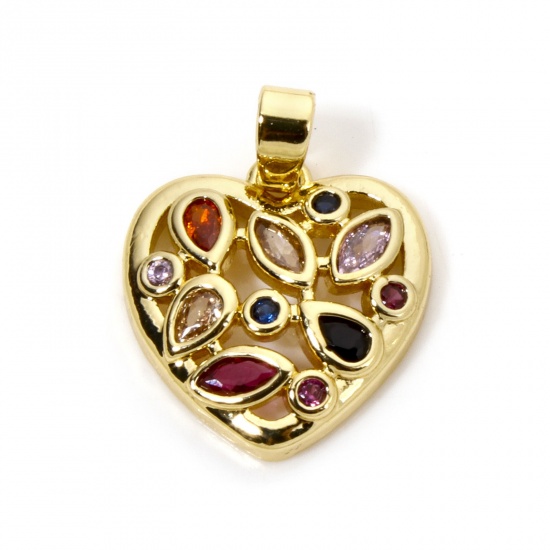 Picture of 1 Piece Brass Valentine's Day Charm Pendant 18K Gold Plated Heart Micro Pave Multicolour Cubic Zirconia 20mm x 15mm