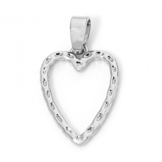 Picture of 2 PCs Brass Valentine's Day Charm Pendant Platinum Plated Heart Texture Hollow 21mm x 12mm