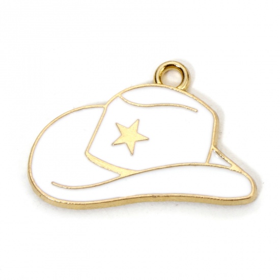 Picture of 20 PCs Zinc Based Alloy West Cowboy Charms Gold Plated White Hat Pentagram Star Enamel 24mm x 16mm