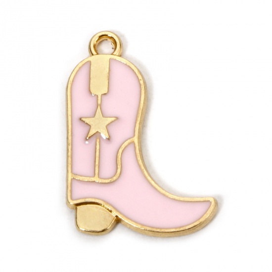 Picture of 20 PCs Zinc Based Alloy West Cowboy Charms Gold Plated Pink Boots Pentagram Star Enamel 23mm x 16mm