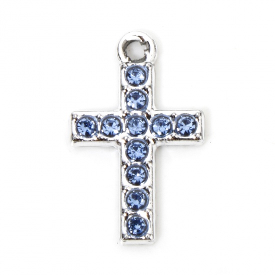 Picture of 10 PCs Zinc Based Alloy Religious Charms Silver Tone Cross Micro Pave Blue Rhinestone 19mm x 12mm