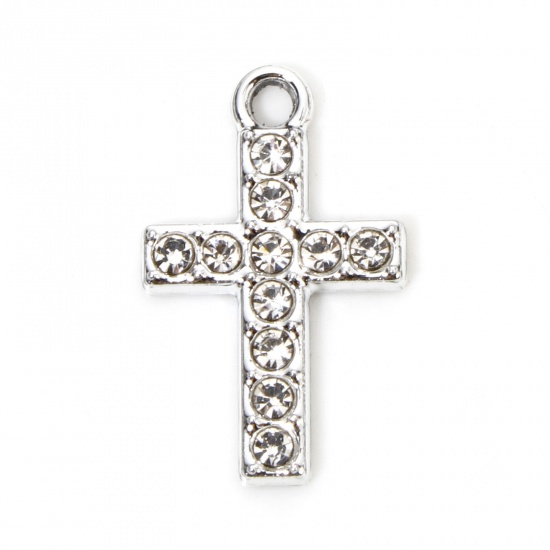 Picture of 10 PCs Zinc Based Alloy Religious Charms Silver Tone Cross Micro Pave Clear Rhinestone 19mm x 12mm