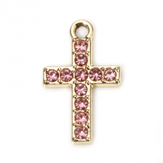 Picture of 10 PCs Zinc Based Alloy Religious Charms Gold Plated Cross Micro Pave Pink Rhinestone 19mm x 12mm