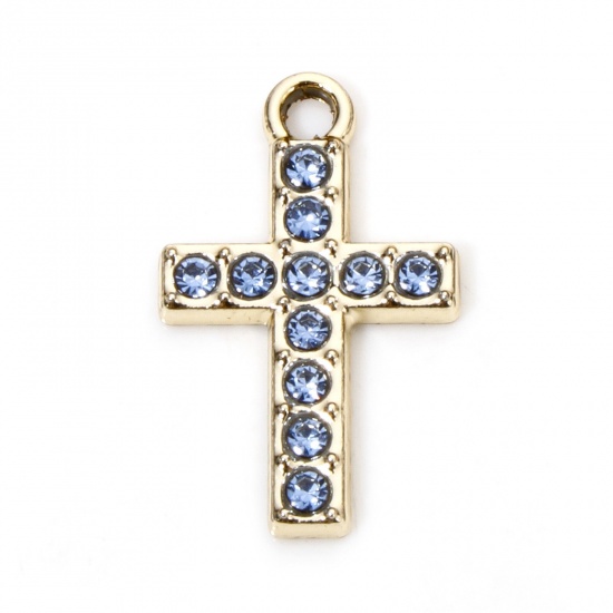 Picture of 10 PCs Zinc Based Alloy Religious Charms Gold Plated Cross Micro Pave Blue Rhinestone 19mm x 12mm