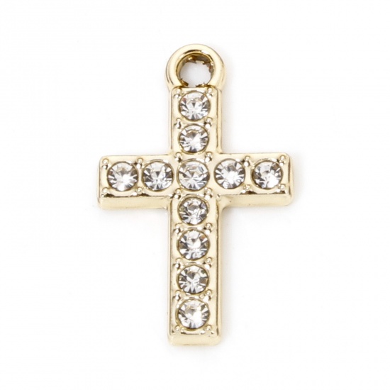 Picture of 10 PCs Zinc Based Alloy Religious Charms Gold Plated Cross Micro Pave Clear Rhinestone 19mm x 12mm