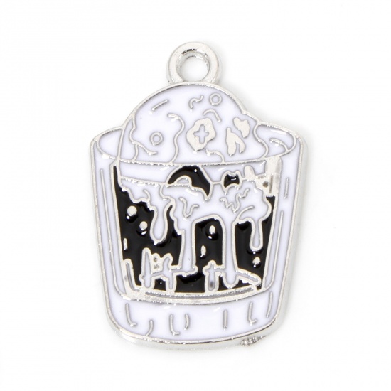 Picture of 10 PCs Zinc Based Alloy Halloween Charms Silver Tone Black & White Cup Skull Enamel 23mm x 16mm