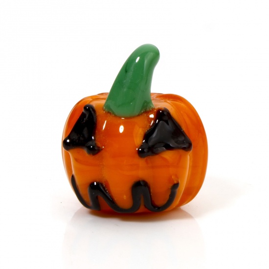 Immagine di 2 Pz Lampwork Vetro Lampwork Halloween Perline per la Creazione di Gioielli con Fai-da-te Zucca Arancione 3D Circa 21mm x 18mm, Foro: Circa 2mm