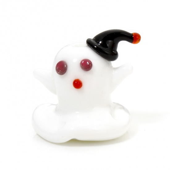 Immagine di 2 Pz Lampwork Vetro Perline per la Creazione di Gioielli con Fai-da-te Halloween Fantasma Bianco 3D Circa 22mm x 21mm, Foro: Circa 2mm