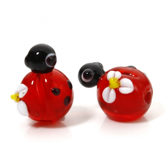 Immagine di 2 Pz Lampwork Vetro Lampwork Collezione Flora Perline per la Creazione di Gioielli con Fai-da-te Fiore Rosso Coccinella Disegno 3D Circa 17mm x 13mm, Foro: Circa 2.2mm