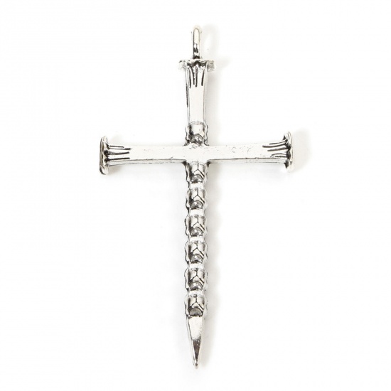 Image de 10 Pcs Pendentifs Halloween en Alliage de Zinc Argent Vieilli Croix Crânes 5.7cm x 3.2cm