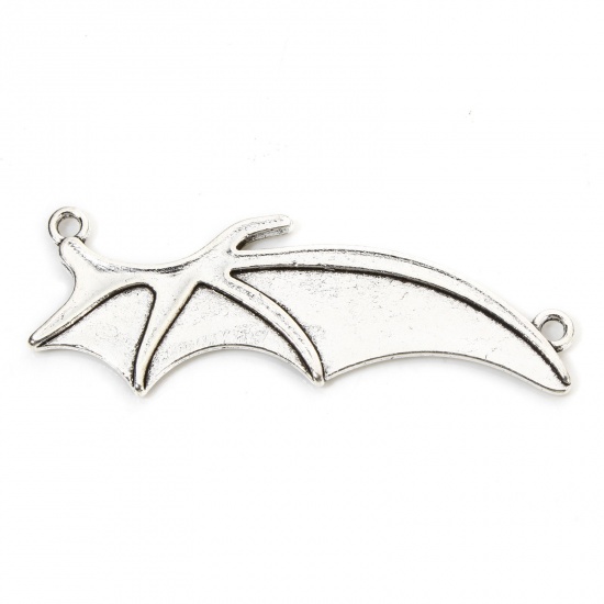 Picture of 10 PCs Zinc Based Alloy Halloween Connectors Charms Pendants Antique Silver Color Halloween Bat Animal Wing 4.9cm x 1.9cm