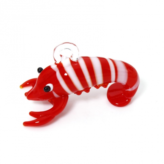 Picture of 1 Piece Lampwork Glass Ocean Jewelry Pendants Red Lobster Stripe 3D 4.5cm x 3cm