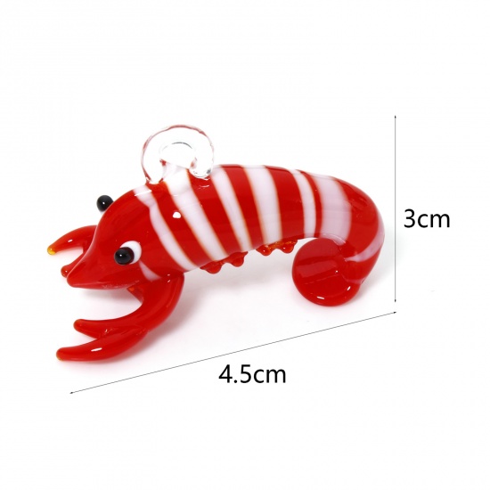 Picture of 1 Piece Lampwork Glass Ocean Jewelry Pendants Red Lobster Stripe 3D 4.5cm x 3cm