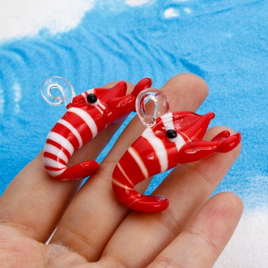 Picture of 1 Piece Lampwork Glass Ocean Jewelry Pendants Red Lobster Stripe 3D 4.5cm x 3cm