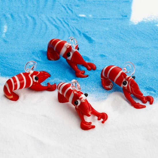 Picture of 1 Piece Lampwork Glass Ocean Jewelry Pendants Red Lobster Stripe 3D 4.5cm x 3cm