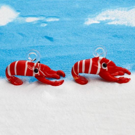 Picture of 1 Piece Lampwork Glass Ocean Jewelry Pendants Red Lobster Stripe 3D 4.5cm x 3cm