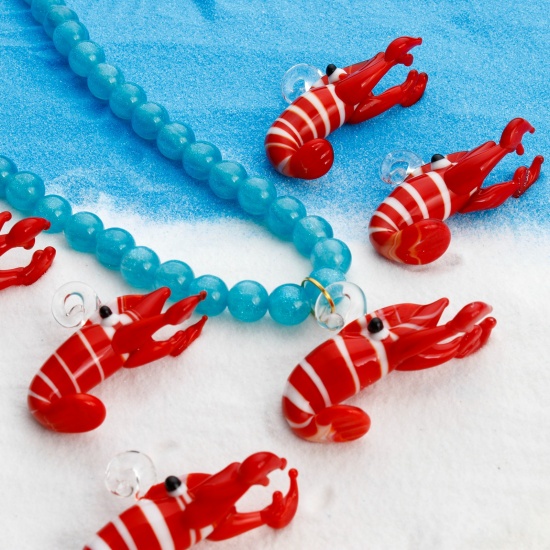 Picture of 1 Piece Lampwork Glass Ocean Jewelry Pendants Red Lobster Stripe 3D 4.5cm x 3cm