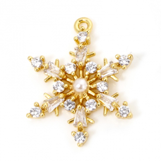 Picture of 1 Piece Brass Christmas Charms 18K Gold Plated Christmas Snowflake Clear Cubic Zirconia 20mm x 16mm