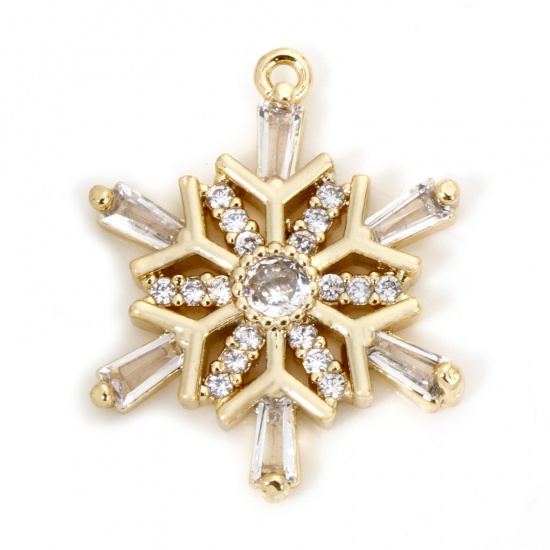 Picture of 1 Piece Brass Christmas Charms 18K Gold Plated Christmas Snowflake Clear Cubic Zirconia 21mm x 17mm