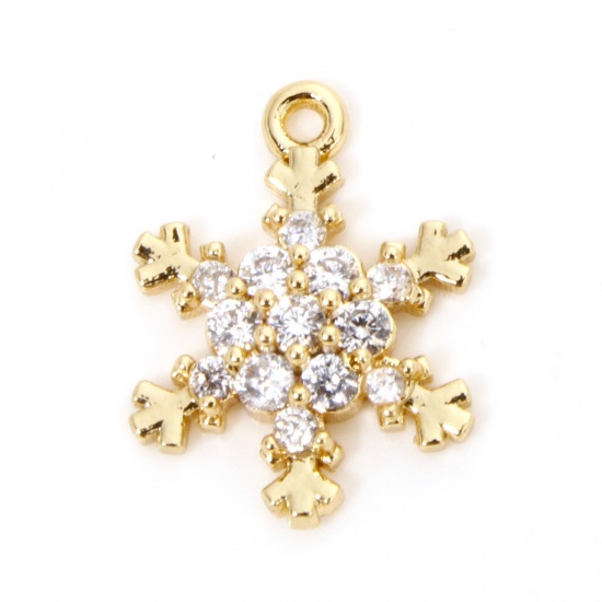 Picture of 1 Piece Brass Christmas Charms 18K Gold Plated Christmas Snowflake Clear Cubic Zirconia 16mm x 12mm