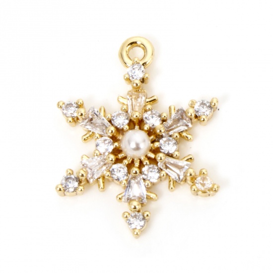 Picture of 1 Piece Brass Christmas Charms 18K Gold Plated Christmas Snowflake Clear Cubic Zirconia 17mm x 13mm