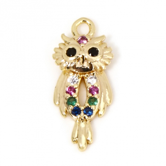 Picture of 1 Piece Brass Halloween Charms 18K Gold Plated Owl Animal Multicolour Cubic Zirconia 16mm x 7mm