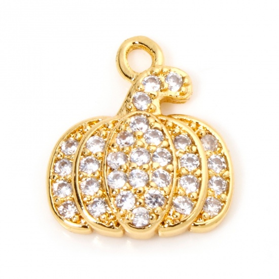 Picture of 1 Piece Brass Halloween Charms 18K Gold Plated Pumpkin Micro Pave Clear Cubic Zirconia 13mm x 11mm