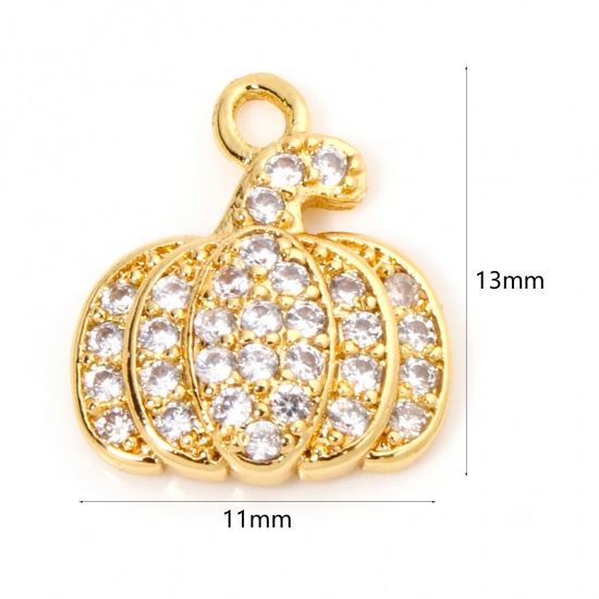 Picture of 1 Piece Brass Halloween Charms 18K Gold Plated Pumpkin Micro Pave Clear Cubic Zirconia 13mm x 11mm