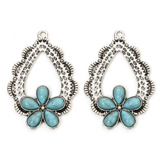 Picture of 5 PCs Zinc Based Alloy Boho Chic Bohemia Pendants Antique Silver Color Drop Flower With Resin Cabochons Imitation Turquoise 4.5cm x 3.1cm