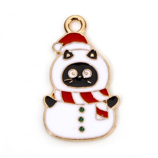 Picture of 10 PCs Zinc Based Alloy Christmas Charms Gold Plated Multicolor Christmas Snowman Cat Enamel 25mm x 15mm