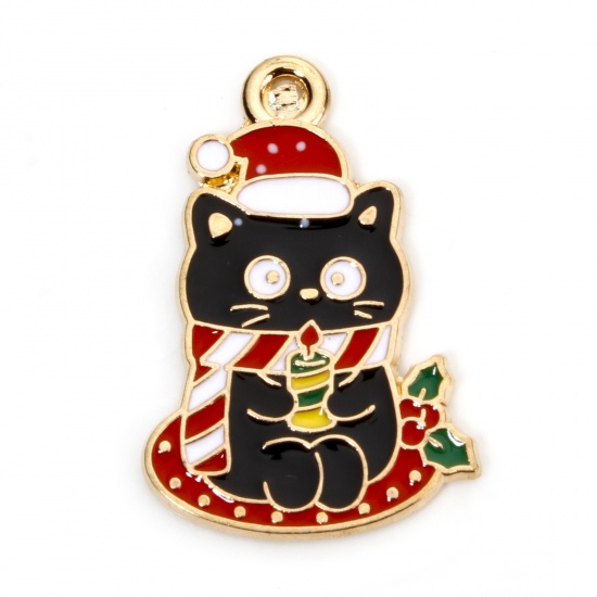 Picture of 10 PCs Zinc Based Alloy Christmas Charms Gold Plated Multicolor Cat Animal Enamel 25mm x 17mm