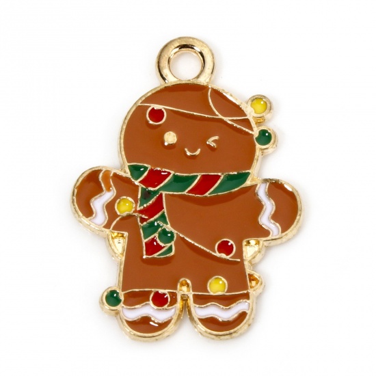 Picture of 10 PCs Zinc Based Alloy Christmas Charms Gold Plated Multicolor Christmas Gingerbread Man Enamel 23mm x 17mm