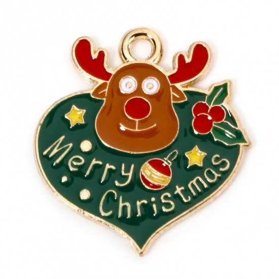 Picture of 10 PCs Zinc Based Alloy Christmas Charms Gold Plated Multicolor Deer Animal Message " Merry Christmas " Enamel 23mm x 22mm