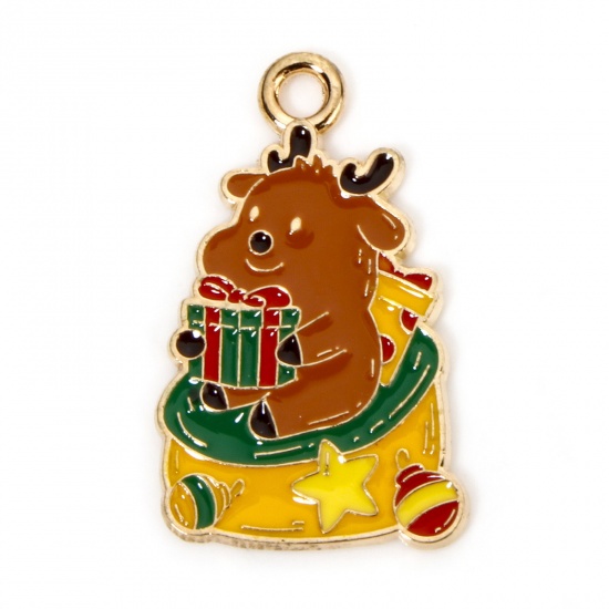 Picture of 10 PCs Zinc Based Alloy Christmas Charms Gold Plated Multicolor Deer Animal Enamel 25mm x 16mm