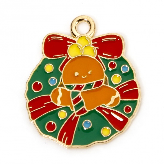 Picture of 10 PCs Zinc Based Alloy Christmas Charms Gold Plated Multicolor Christmas Wreath Bell Enamel 23mm x 20mm