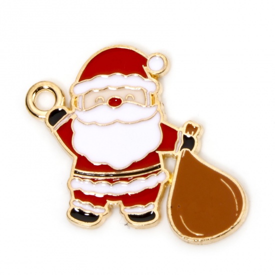 Picture of 10 PCs Zinc Based Alloy Christmas Charms Gold Plated Multicolor Christmas Santa Claus Enamel 26mm x 21mm