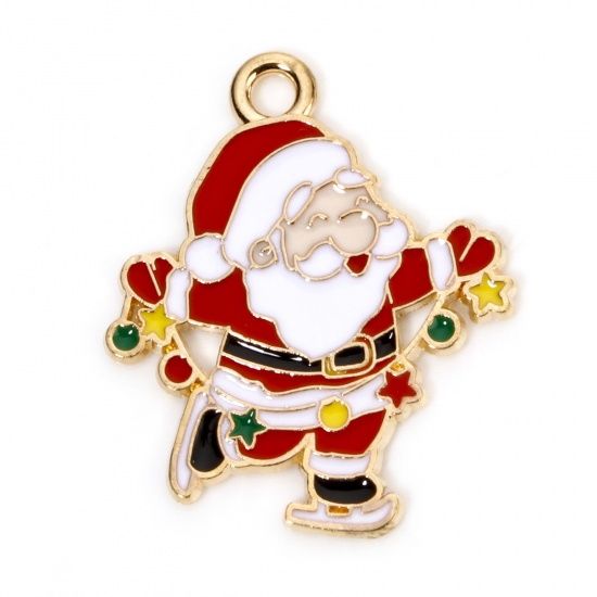 Picture of 10 PCs Zinc Based Alloy Christmas Charms Gold Plated Multicolor Christmas Santa Claus Enamel 25mm x 21mm