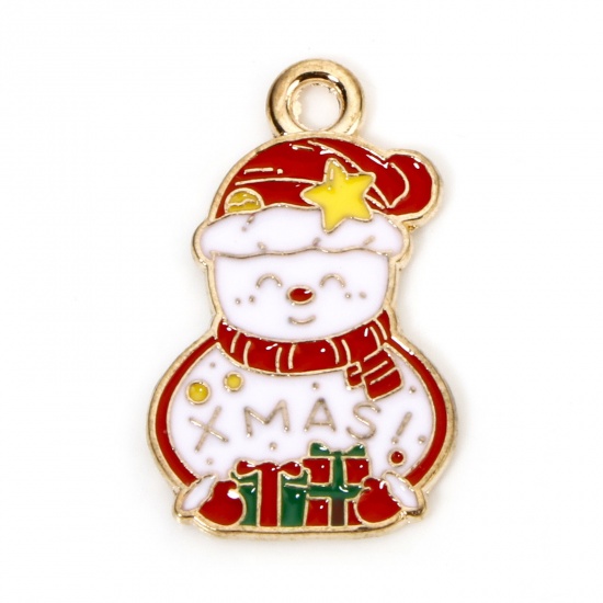 Picture of 10 PCs Zinc Based Alloy Christmas Charms Gold Plated Multicolor Christmas Snowman Enamel 22mm x 14mm