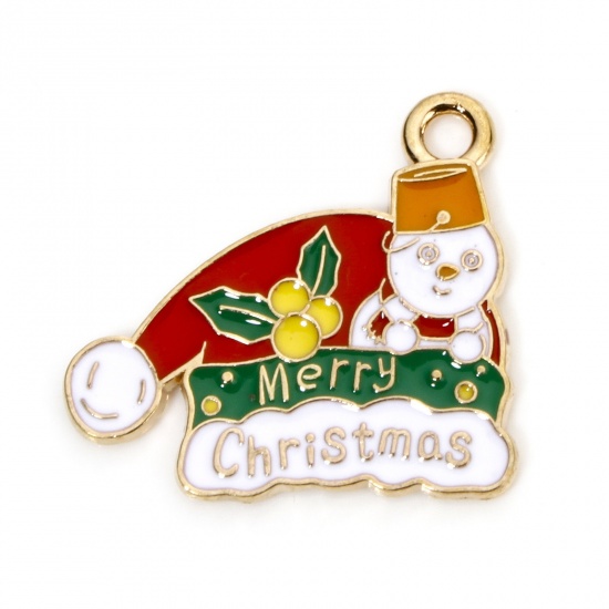 Picture of 10 PCs Zinc Based Alloy Christmas Charms Gold Plated Multicolor Christmas Hats Message " Merry Christmas " Enamel 22mm x 20mm