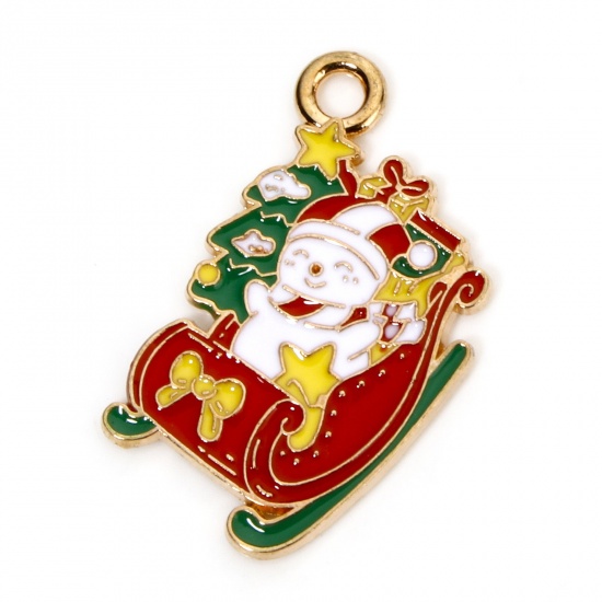 Picture of 10 PCs Zinc Based Alloy Christmas Charms Gold Plated Multicolor Christmas Sleigh Christmas Snowman Enamel 22mm x 16mm