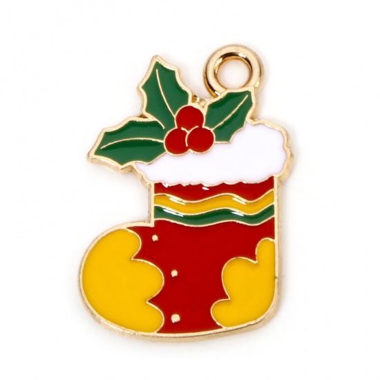 Picture of 10 PCs Zinc Based Alloy Christmas Charms Gold Plated Multicolor Christmas Stocking Enamel 22mm x 16mm